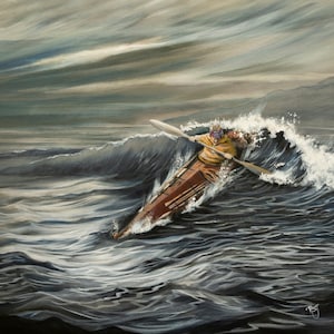 May include: A person in a yellow life jacket paddles a wooden kayak through a large wave in a stormy sea. The sky is gray and cloudy.
