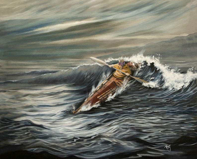 May include: A person in a yellow life jacket paddles a wooden kayak through a large wave in a stormy sea. The sky is gray and cloudy.