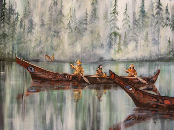 シーダーカヌー、ネイティブアメリカンのアートプリント、アラスカの