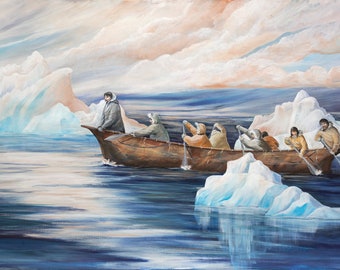 Alaskan Native paintings, yupik art, inupiat painting, native american paintings, Ice berg paintings, indigenous art, rowers