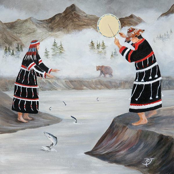 Alutiiq Dancers Art Print, Alaska Native Brown Bear Painting