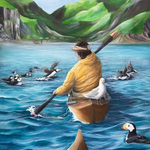 Aleut art, Alutiiq art, Aleutian Islands, alaska native art, Indigenous art, Alaska seascape painting, Puffins, Alaska Native art, Alaska