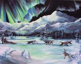 Northern lights, Aurora Borealis, Mt Denali, Mt Mckinley, the arctic, Snow, Alaskan scenes, Alaska, Big Dipper, sled dogs, dog teams, dogs