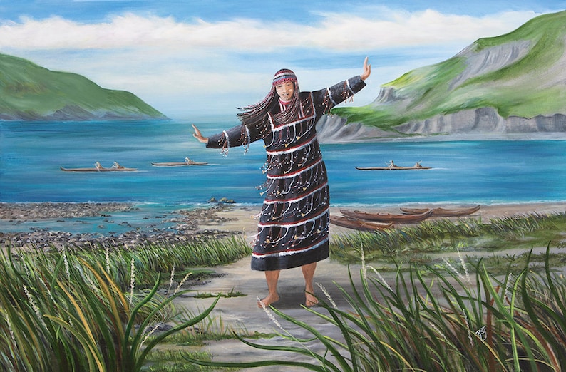 Aleut Art,native american art, Alutiiq dancers, Alaska Native dancer, Alaska art, Indigenous art, Unanagan art, Sugpiaq art, alaska seascape image 1