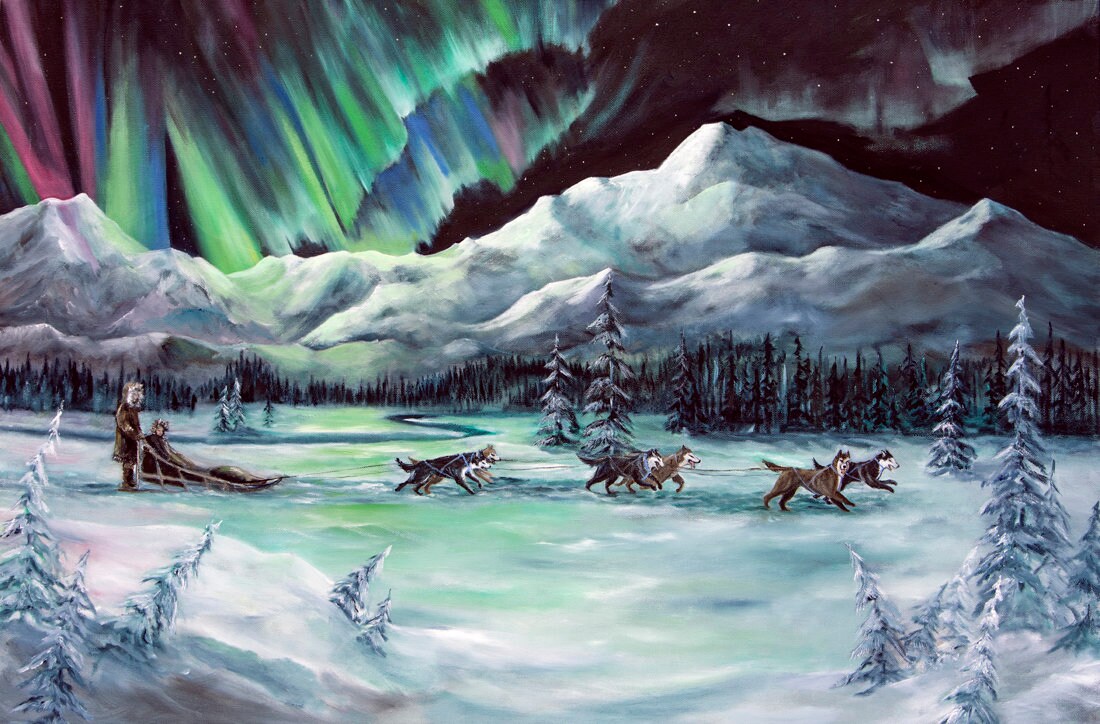 オーロラ、デナリ山、マッキンリー山、北極、雪、アラスカの風景