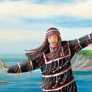 Arte aleutiano, arte nativo americano, bailarines Alutiiq, bailarín nativo de Alaska, arte de Alaska, arte indígena, arte Unanagan, arte Sugpiaq, paisaje marino de Alaska imagen 2