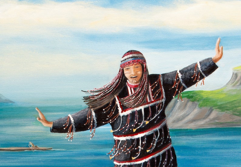 Arte aleutiano, arte nativo americano, bailarines Alutiiq, bailarín nativo de Alaska, arte de Alaska, arte indígena, arte Unanagan, arte Sugpiaq, paisaje marino de Alaska imagen 2