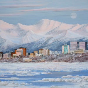 Downtown Anchorage Alaska, Anchorage skyline, Alpenglow art, Chugach Mountains, Snow art, Winter Landscapes, Alaskan landscapes, Cook inlet
