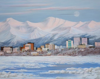 Downtown Anchorage Alaska, skyline van Anchorage, Alpenglow-kunst, Chugach-gebergte, sneeuwkunst, winterlandschappen, landschappen van Alaska, Cook Inlet