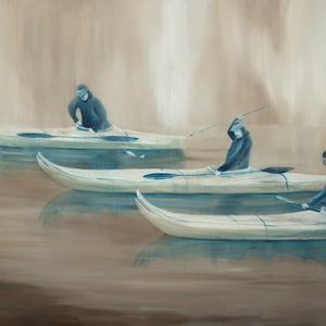May include: Three people in blue kayaks paddling on a calm body of water. The water is a light blue color and the sky is a light brown color.
