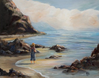 Young boy fishing at the beach, coastal paintings, Seascape wall art, Nautical prints, best selling art, beach wall art, beach paintings,