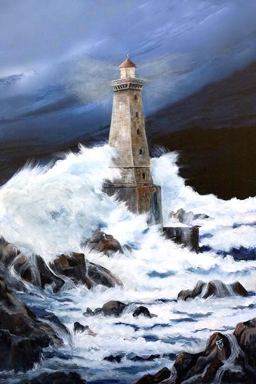 灯台の壁アート、灯台の絵画、グレーと白のアート、航海アート、灯台の