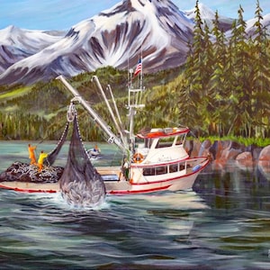 北西部の船、最も危険な漁獲物の版画、漁船の版画、水彩画、カニ漁船の