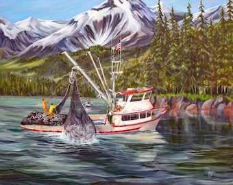 北西部の船、最も危険な漁獲物の版画、漁船の版画、水彩画、カニ漁船の