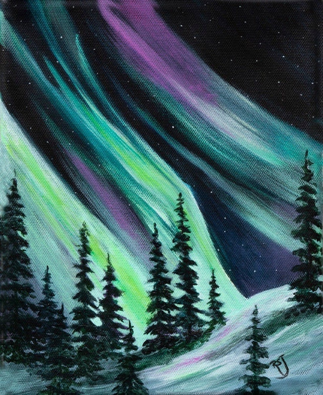 オーロラ、オーロラ、アラスカ先住民の芸術、森の絵画、雪の絵画