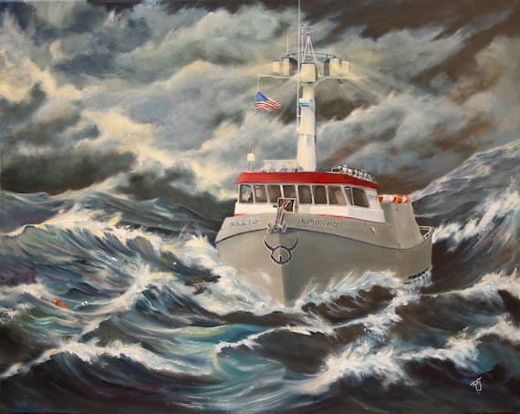 カニ漁船の版画、漁船の版画、最悪の漁獲物、船、ダンジネスの船、カニ