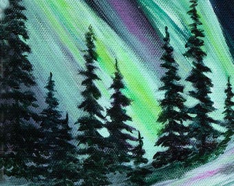 オーロラ、オーロラ、アラスカ先住民の芸術、森の絵画、雪の絵画