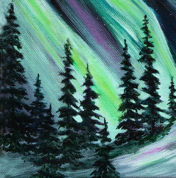 アラスカのオーロラ　原画 オーロラ、オーロラ、アラスカ先住民の芸術、森の絵画、雪の絵画