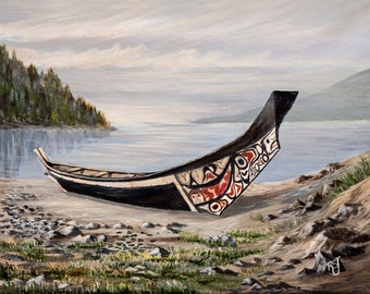 Cedar Canoe, Native American art, Alaska native art, pacific Northwest coast art, Tlingit art, Haida art, seascape art,Tsimshian art,kayak,