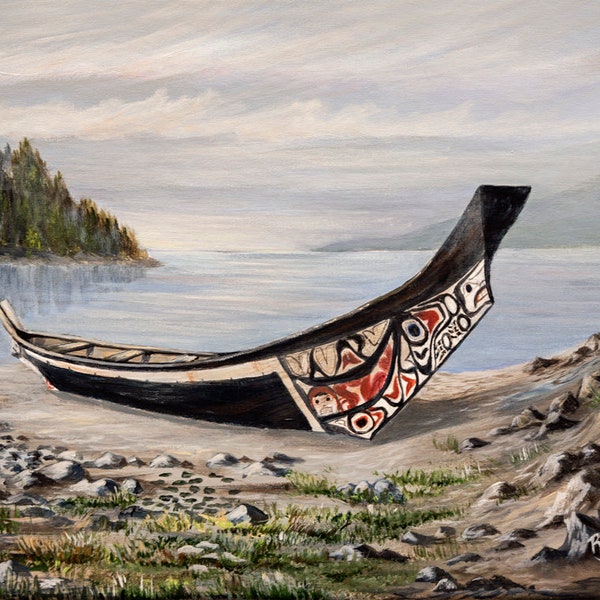 Cedar Canoe, Native American art, Alaska native art, pacific Northwest coast art, Tlingit art, Haida art, seascape art,Tsimshian art,kayak,