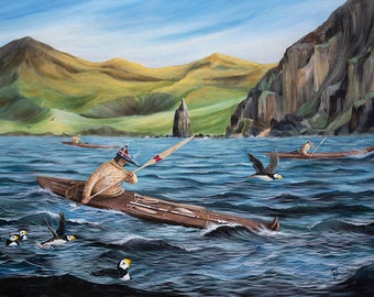 Dipinti aleutini, arte nativa dell'Alaska, Isole Aleutine, Baidarka, arte indigena, pittura di paesaggi marini dell'Alaska, pulcinelle di mare, arte Alutiiq, Aleutine