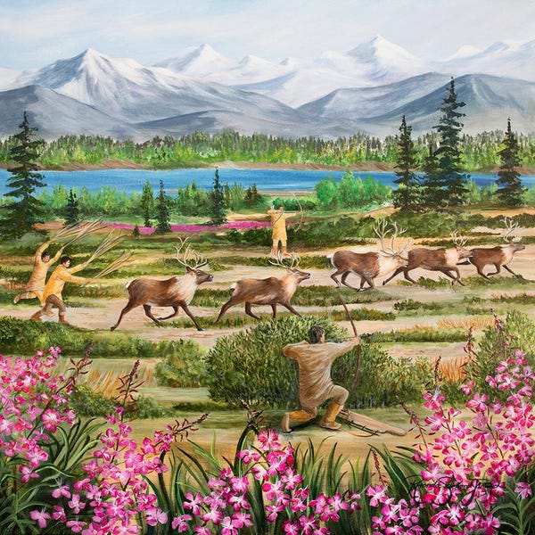 Indigenous art, Sugpiaq, Alutiiq, Aleut, Caribou, Alaska Native History, Native Subsistence, Alaska native art, Fireweed, Mountains, Tundra