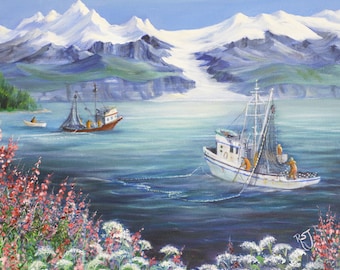 May include: A painting of two fishing boats in a bay with a glacier and snow-capped mountains in the background. The boats are white and red with blue water and green hills. The foreground features pink and white flowers.