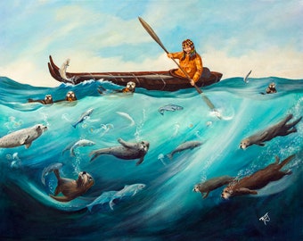 Arte nativa dell'Alaska, stampe dei nativi americani, arte Aleut, arte Alutiiq, arte indigena, arte dei nativi americani, lontre marine, arte della canoa, ragazze in kayak