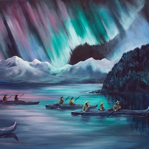 Northern lights, Aurora Borealis, Alaska Native art, Alutiiq art,  Aleut art, Unangan art, Baidarka,  Kayak, Indigenous art, First Alaskans