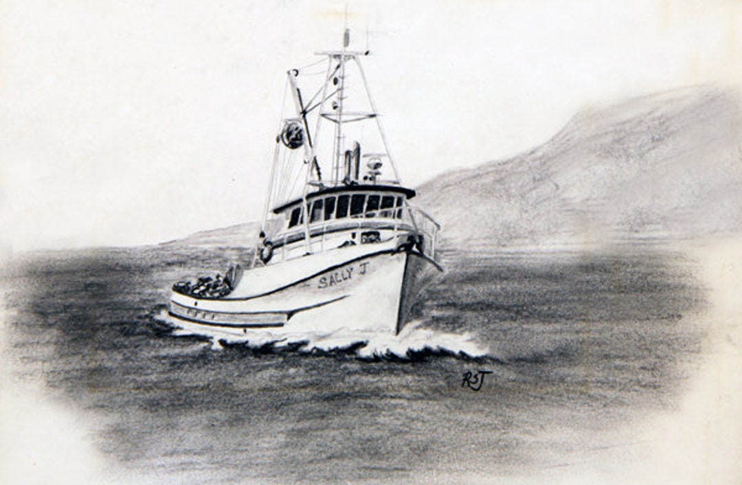 サリー J、デルタセイナーズ、白黒絵画、ボート絵画、漁船の版画、海景