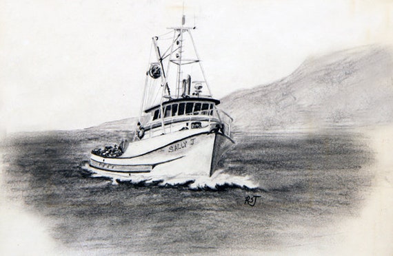 Sally J, Delta Seiners, black and white paintings, boat paintings, Fishing  boat prints, seasca[es, fishing boat painting, boat wall art