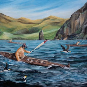 Aleut paintings, Alaska Native art, Aleutian Islands, Baidarka, Indigenous art, Alaska seascape painting, puffins, Alutiiq art, Aleutians