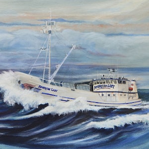Crab boat paintings, wave paintings, deadliest catch art, watercolor boat paintings, crab boat pictures, watercolor seascape, Alaska art image 1