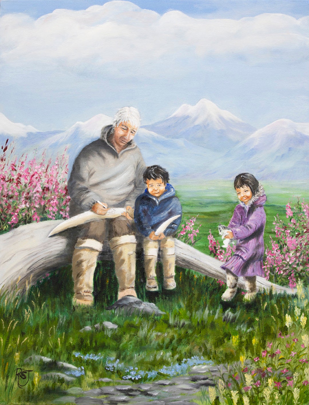 Alaska Native Grandpa With Grand Kids, Native American Art Prints