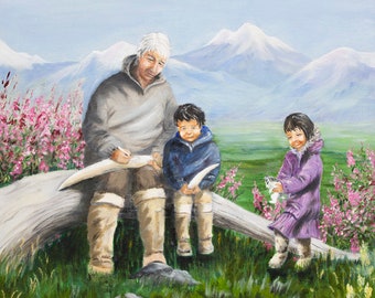 Abuelo nativo de Alaska con nietos, impresiones de arte nativo americano, arte nativo de Alaska, arte de la tundra de Alaska, arte Yupik, arte inupiat, flores