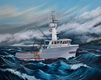 crab boat prints, fishing boat prints, deadliest catch, boats, Dungeness boats, crab fishing, waves, storms,  Marine art, boat paintings