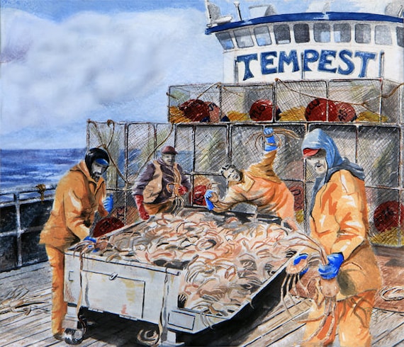 A crab crew sorting Opi's, deadliest catch, crab pot paintings, watercolor  paintings, nautical paintings, watercolor boats, fishing wall art