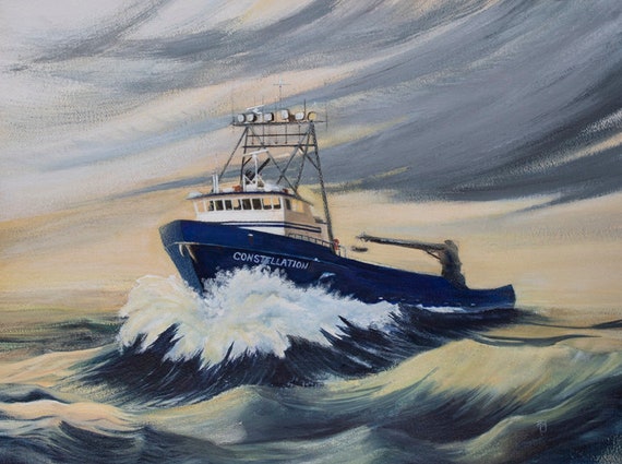 海の風景画、カニ漁船の版画、カニ漁船の絵画、最悪の漁獲物の版画