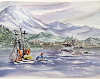 pinturas de barcos, pinturas de acuarela, pinturas de barcos de salmón, pintura de barcos de pesca, arte de la pared del barco, paisajes marinos de acuarela, arte de la pared de pesca