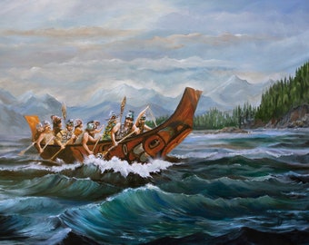 Canoa da guerra Tlingit, stampe d'arte Haida, arte nativa dell'Alaska, arte indiana della costa nordoccidentale del Pacifico, arte tlingit, arte haida, arte del paesaggio marino,tsimshiann