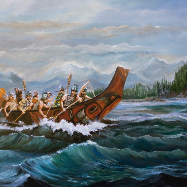 Tlingit War Canoe, Haida art prints, Alaska native art, pacific Northwest coast indian art, tlingit art, haida art, seascape art,tsimshiann