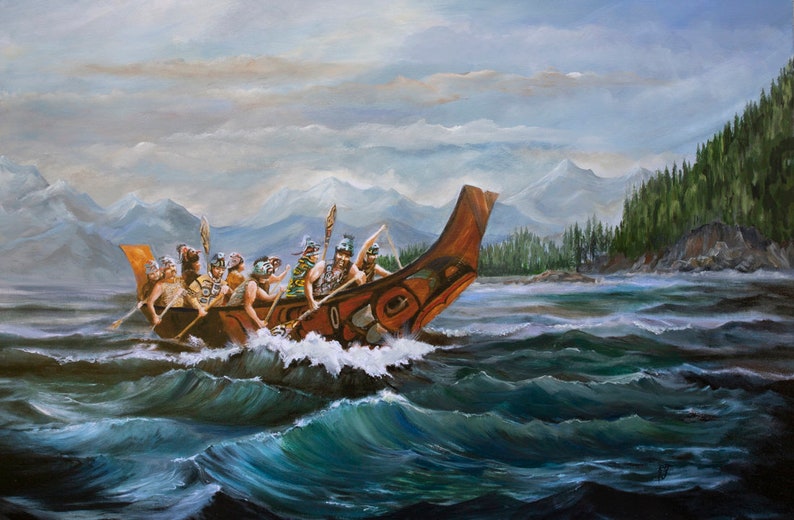 Tlingit War Canoe, Haida art prints, Alaska native art, pacific Northwest coast indian art, tlingit art, haida art, seascape art,tsimshiann image 1