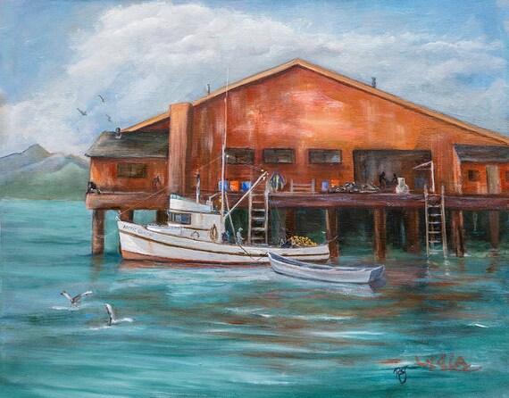 Old Cannerys, vintage wooden boats, boat paintings, wooden boats, white  boats, fishing boat painting, boat art, Alaska cannerys, warf art
