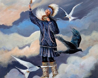 Ballerino nativo dell'Alaska, arte indigena, arte nativa dell'Alaska, arte dell'Alaska, arte Yupik, arte Inupiaq, corvi volanti, sterne artiche, danza indigena