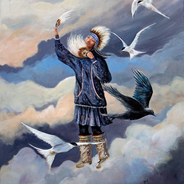 Bailarina nativa de Alaska, arte indígena, arte nativo de Alaska, arte de Alaska, arte Yupik, arte Inupiaq, cuervos voladores, charranes árticos, danza indígena