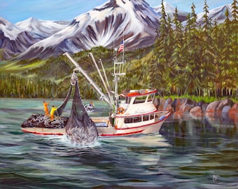 Alaskan seiners, salmon boats, fishing boat prints, boat prints, mountain wall art, coastal art,Alaska art, salmon seiners, seascapes,Alaska