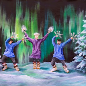 Northern lights, Aurora Borealis,  Alaska, Alaska Native dancers, Alaskan Dance, Yupik Dance, Inupiaq dance, Snow paintings, Indigenous art