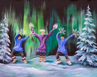 Northern lights, Aurora Borealis,  Alaska, Alaska Native dancers, Alaskan Dance, Yupik Dance, Inupiaq dance, Snow paintings, Indigenous art