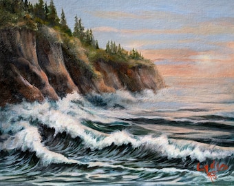 crashing waves seascape painting, coastal paintings, Seascape art, beach wall art, wave paintings, sunset paintings, sunset seascapes,