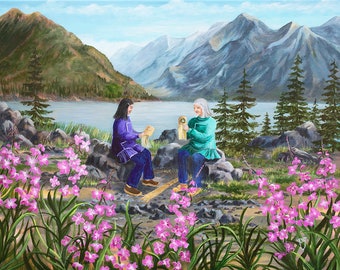 Intreccio di cesti, tessitura di cesti nativi dell'Alaska, cesto di erba di segale, arte indigena, arte nativa dell'Alaska, scenario dell'Alaska, Kuspuks, arte Fireweed,